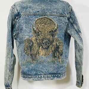 Distressed Argentine Jean Jacket Sz M Blue Acid Wash Hand Painted Buffalo